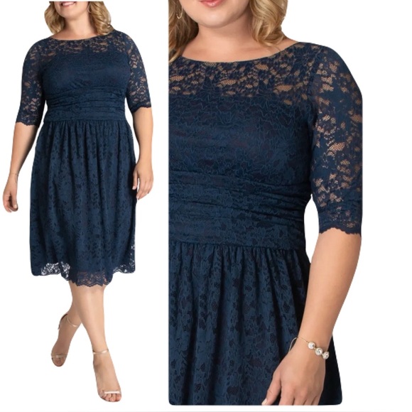 NWT Kiyonna Floral Luna Lace Overlay Cocktail Dress Dark Navy Blue Plus size 3 - Picture 1 of 15
